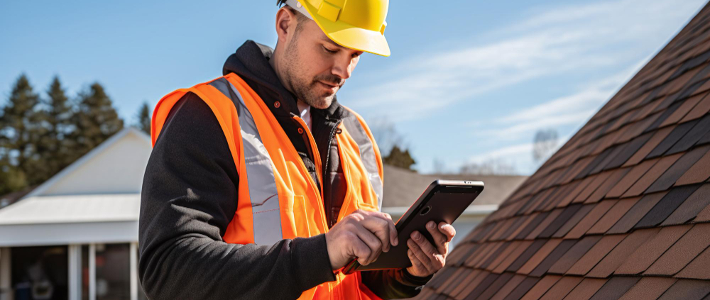 Home inspector inspecting a Pittsburgh area home roof with shingles and a hard hat