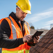 Home inspector inspecting a Pittsburgh area home roof with shingles and a hard hat