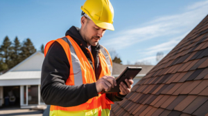 Home inspector inspecting a Pittsburgh area home roof with shingles and a hard hat