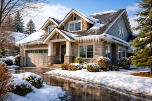 Pittsburgh home in the winter with a large paved driveway